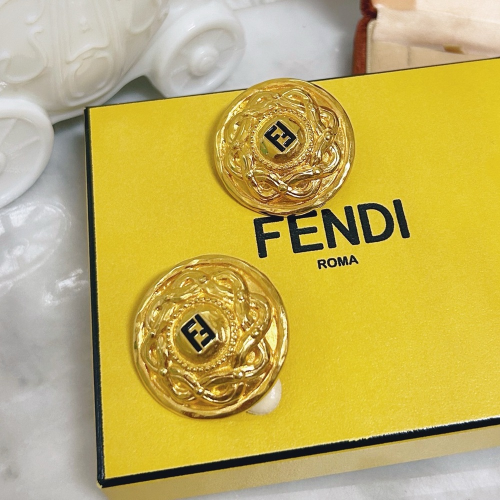 Authentic Fendi Rare Vintage 80’s 18kt G.P FF Fendista XL Round Clip on Earrings